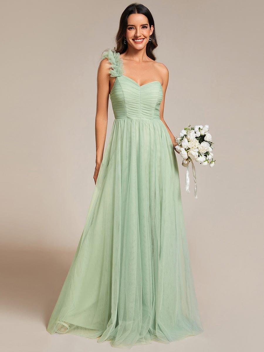 A-Line One Shoulder Empire-Waist Tulle Sleeveless Bridesmaid Dress with Slit