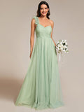 A-Line One Shoulder Empire-Waist Tulle Sleeveless Bridesmaid Dress with Slit