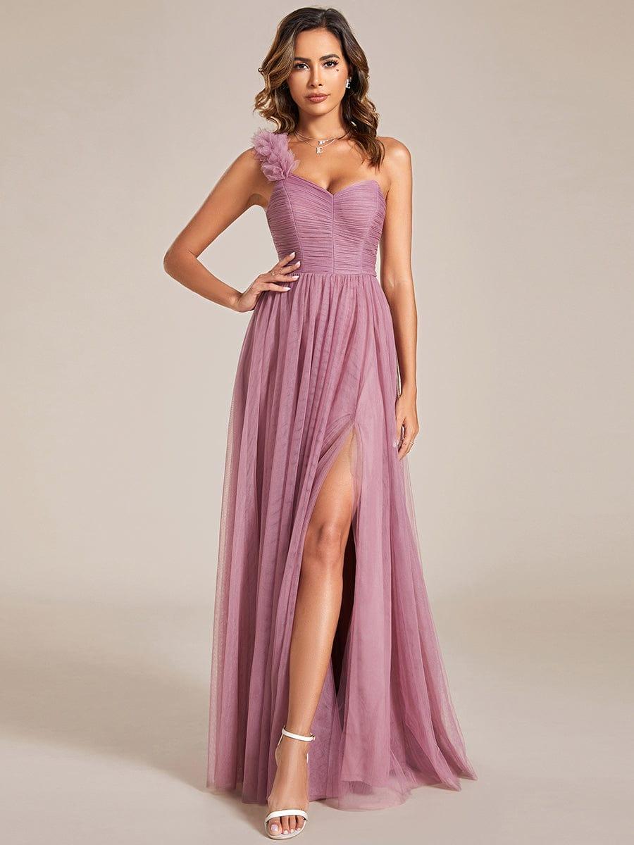 A-Line One Shoulder Empire-Waist Tulle Sleeveless Bridesmaid Dress with Slit