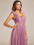 A-Line One Shoulder Empire-Waist Tulle Sleeveless Bridesmaid Dress with Slit