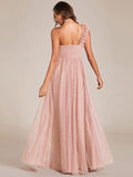 A-Line One Shoulder Empire-Waist Tulle Sleeveless Bridesmaid Dress with Slit