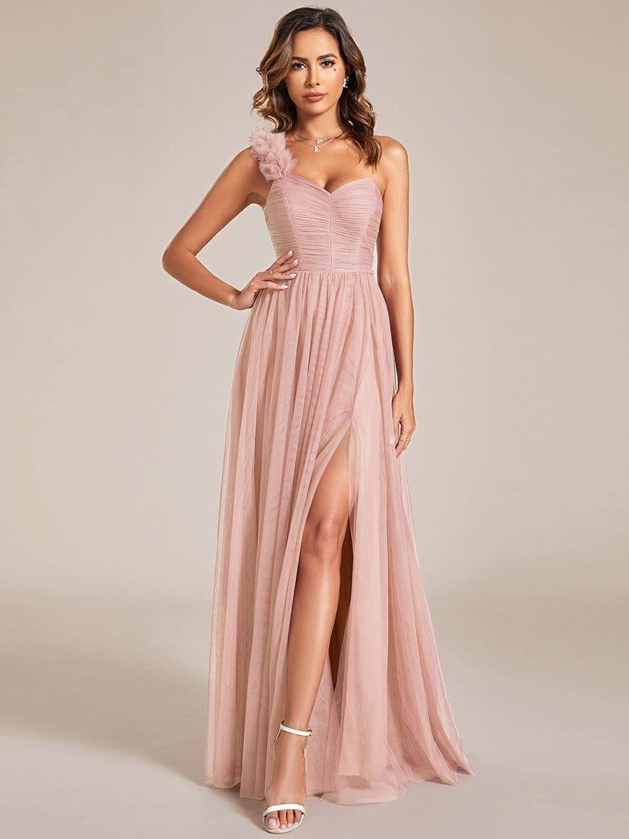 A-Line One Shoulder Empire-Waist Tulle Sleeveless Bridesmaid Dress with Slit