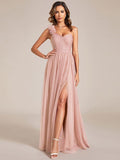 A-Line One Shoulder Empire-Waist Tulle Sleeveless Bridesmaid Dress with Slit