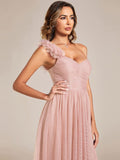 A-Line One Shoulder Empire-Waist Tulle Sleeveless Bridesmaid Dress with Slit