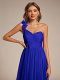 A-Line One Shoulder Empire-Waist Tulle Sleeveless Bridesmaid Dress with Slit
