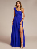A-Line One Shoulder Empire-Waist Tulle Sleeveless Bridesmaid Dress with Slit