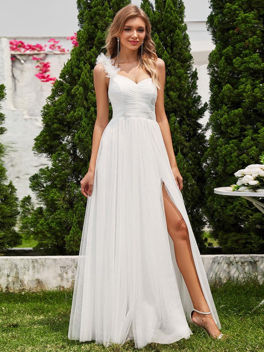 A-Line One Shoulder Empire-Waist Tulle Sleeveless Bridesmaid Dress with Slit