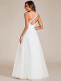 A-Line Sleeveless V-Neck Applique Cross-Back Straps Tulle Bridesmaid Dress