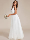 A-Line Sleeveless V-Neck Applique Cross-Back Straps Tulle Bridesmaid Dress