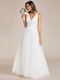 A-Line Sleeveless V-Neck Applique Cross-Back Straps Tulle Bridesmaid Dress