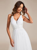 A-Line Sleeveless V-Neck Applique Cross-Back Straps Tulle Bridesmaid Dress