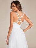 A-Line Sleeveless V-Neck Applique Cross-Back Straps Tulle Bridesmaid Dress