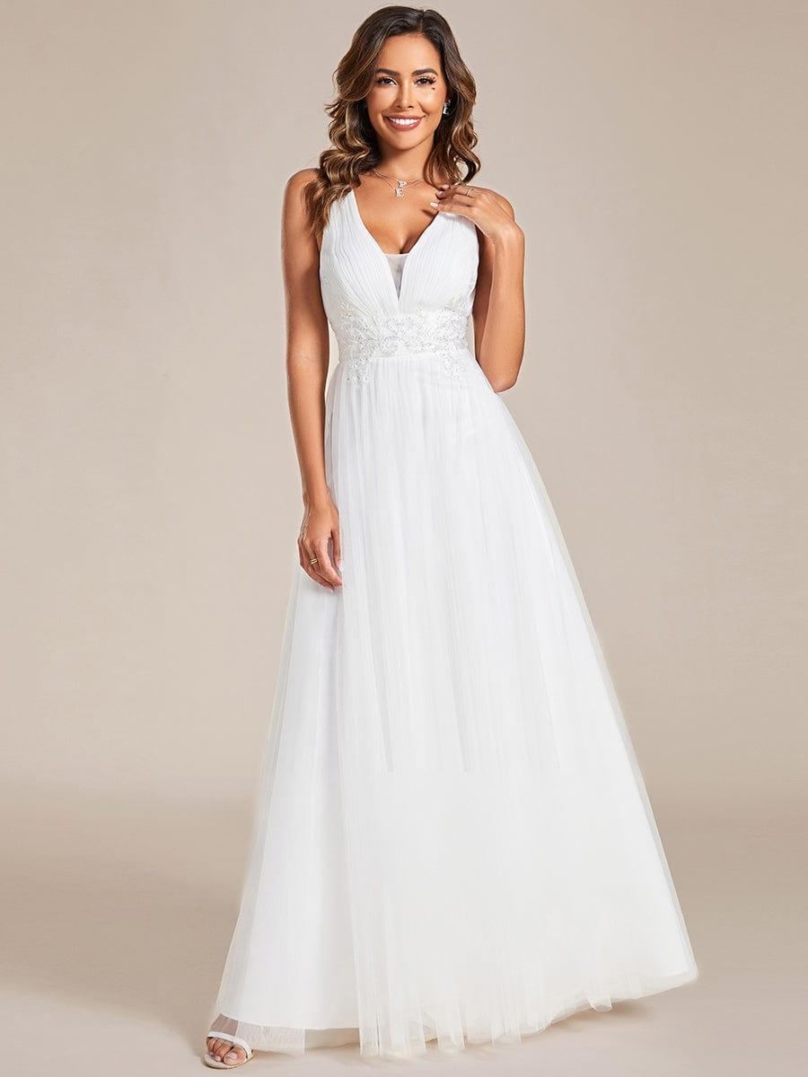 A-Line Sleeveless V-Neck Applique Cross-Back Straps Tulle Bridesmaid Dress