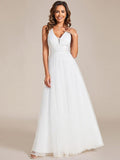 A-Line Sleeveless V-Neck Applique Cross-Back Straps Tulle Bridesmaid Dress
