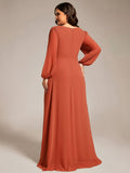 Plus Size Chiffon V-Neck Pleated Long Sleeves A-Line Bridesmaid Dress