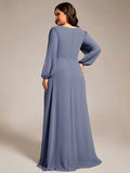 Plus Size Chiffon V-Neck Pleated Long Sleeves A-Line Bridesmaid Dress
