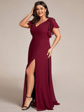 Plus Size A-Line Ruffles Sleeves V-neck Chiffon Bridesmaid Dress with Slit
