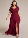 Plus Size A-Line Ruffles Sleeves V-neck Chiffon Bridesmaid Dress with Slit