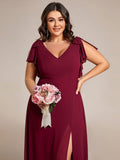 Plus Size A-Line Ruffles Sleeves V-neck Chiffon Bridesmaid Dress with Slit