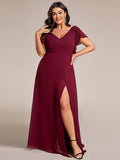 Plus Size A-Line Ruffles Sleeves V-neck Chiffon Bridesmaid Dress with Slit