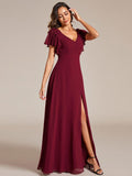 A-Line Short Sleeves High Slit Chiffon Bridesmaid Dress with Bowknot