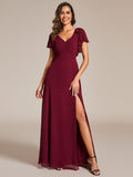 A-Line Short Sleeves High Slit Chiffon Bridesmaid Dress with Bowknot