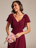 A-Line Short Sleeves High Slit Chiffon Bridesmaid Dress with Bowknot