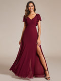 A-Line Short Sleeves High Slit Chiffon Bridesmaid Dress with Bowknot