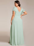 Plus Size A-Line Ruffles Sleeves V-neck Chiffon Bridesmaid Dress with Slit
