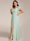 Plus Size A-Line Ruffles Sleeves V-neck Chiffon Bridesmaid Dress with Slit