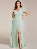 A-Line Short Sleeves High Slit Chiffon Bridesmaid Dress with Bowknot