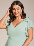 Plus Size A-Line Ruffles Sleeves V-neck Chiffon Bridesmaid Dress with Slit