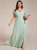 Plus Size A-Line Ruffles Sleeves V-neck Chiffon Bridesmaid Dress with Slit