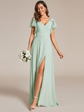 A-Line Short Sleeves High Slit Chiffon Bridesmaid Dress with Bowknot