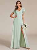 A-Line Short Sleeves High Slit Chiffon Bridesmaid Dress with Bowknot