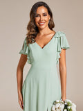 A-Line Short Sleeves High Slit Chiffon Bridesmaid Dress with Bowknot