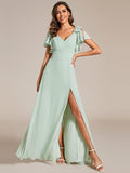 A-Line Short Sleeves High Slit Chiffon Bridesmaid Dress with Bowknot