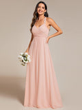 A-Line Halter Neck Sleeveless Pleated Backless Chiffon Bridesmaid Dress