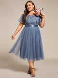 A-Line Plus Size Scoop Neck Tulle Midi Junior Bridesmaid Dress with Appliques