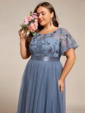 A-Line Plus Size Scoop Neck Tulle Midi Junior Bridesmaid Dress with Appliques