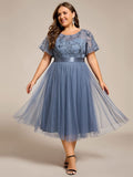 A-Line Empire-Waist Tulle Midi Bridesmaid Dress with Short Sleeves