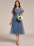 A-Line Empire-Waist Tulle Midi Bridesmaid Dress with Short Sleeves