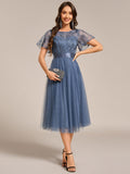 A-Line Empire-Waist Tulle Midi Bridesmaid Dress with Short Sleeves