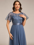 A-Line Empire-Waist Tulle Midi Bridesmaid Dress with Short Sleeves