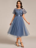 A-Line Empire-Waist Tulle Midi Bridesmaid Dress with Short Sleeves