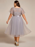 A-Line Plus Size Scoop Neck Tulle Midi Junior Bridesmaid Dress with Appliques