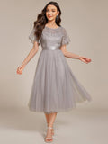 A-Line Empire-Waist Tulle Midi Bridesmaid Dress with Short Sleeves