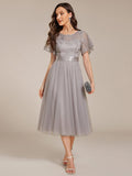 A-Line Empire-Waist Tulle Midi Bridesmaid Dress with Short Sleeves