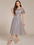 A-Line Empire-Waist Tulle Midi Bridesmaid Dress with Short Sleeves
