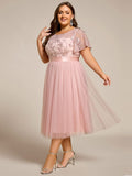 A-Line Plus Size Scoop Neck Tulle Midi Junior Bridesmaid Dress with Appliques